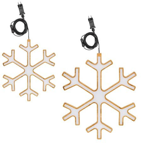 Novaliv LED Schneeflocke Lampe 2er Set - 1x 37cm Ø 1x 57cm Ø Naturholz Hängelampen Wohnzimmer LED Warmweiß Weihnachtskreis beleuchtet innen - Innendeko Fensterdeko Weihnachtszeit