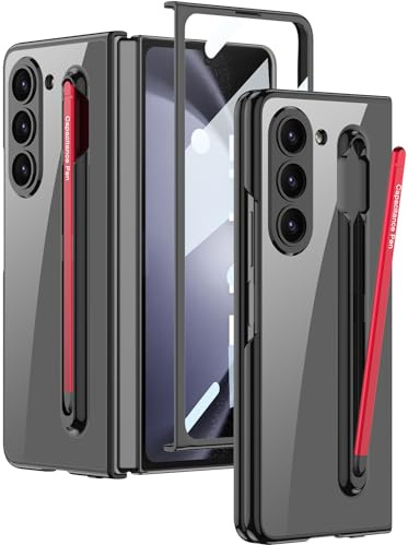 para Samsung Galaxy Z Fold 5 Funda Transparente con Soporte para S Pen y S Pen, Cristal Claro Chapado Funda con Protector de Pantalla, Carcasa de Lujo Antigolpes y Antiarañazos(Negro+Rojo Bolígrafo)