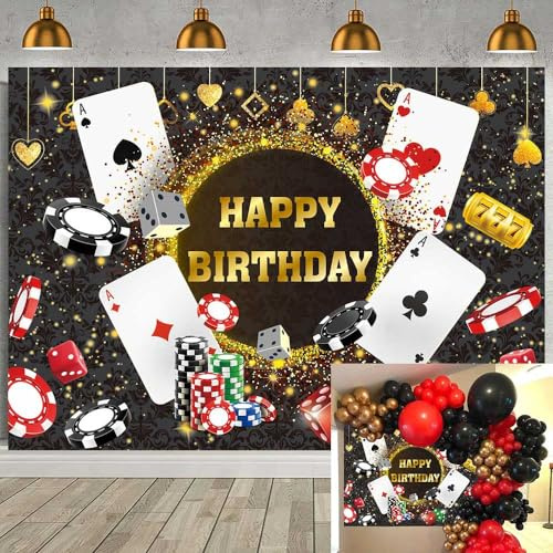 Casino-Geburtstags-Hintergrund, Las Vegas, Party-Hintergrund für Casino-Thema, Poker-Würfel, Goldfarben, Glitzer, Happy Birthday, Party-Dekorationen, Banner (2,3 x 1,8 m)