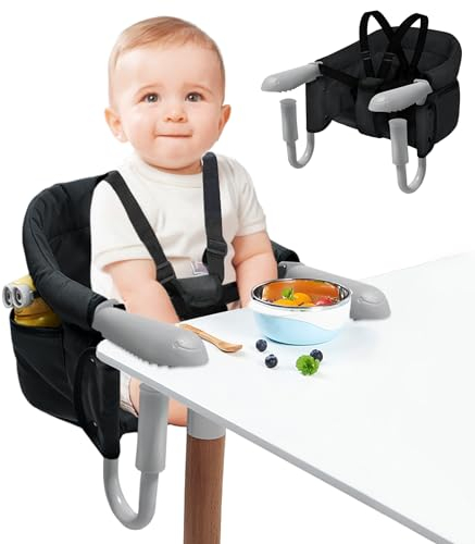SUBTLETY Tischsitz Faltbar Babystuhl Babysitz mit Transporttasche Rutschfest Klemmen und Sitztasche Tragbarer Baby Hochstuhl für 2-8 cm Dicke Tisch Boostersitz Kinderstuhl Belastbarkeit 15 kg, Schwarz