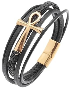 HOPWODE Armband Leder Herren,Glaubensarmband für Herren,Schwarz-Goldenes Mehrlagiges Geflochtenes Lederarmband mit Goldenem Magnetverschluss,Verstellbare Goldene Ankh-Kreuz-Armbänder,Geschenk für