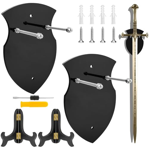 GZhaimai 2 Stk Schwerthalter Wand, Acryl Schwert Wandhalterung + 2 Stk Tellerständer für Wand mit Schraubendreher Schwert, Dolch, Axt, Vertikale Anzeige und Dekoration