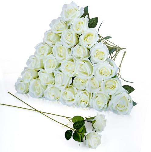 LPREUTWN 30 rose finte in seta artificiale, bouquet di fiori lunghi per matrimoni, addio al nubilato, feste, decorazione della casa (bianco)