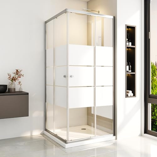 Duschkabine Eckeinstieg 90 x 90 cm Silber mit Gestreift Eckdusche Doppel Schiebetür Duschabtrennung Duschschiebetür aus 6 mm ESG Glas,Höhe 185 cm,Ohne Duschwanne