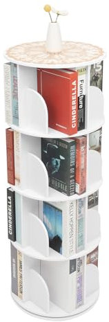 Tyvotrend 360° Drehbares Bücherregal für Kinder und Erwachsene, Drehregal Büroregal Bücher Regal, Standregal Raumteiler Kinderbücherregal Dekoregal, für Wohnzimmer, Büro, Weiß (4-Tiers)