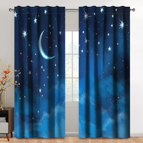 Kzzfqxb 117×138cm Starlit Sky Vorhangset aus 2 Paneelen, Blauer Mond Sterne Nacht Himmel Sternenhimmel Bedruckte vorhänge für Kinder, Schlafzimmer Wohnzimmer Fenster Vorhänge