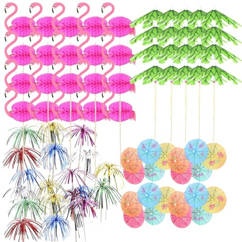 80 Pcs Cocktail Accessories for Drinks, Cocktails Decorations for Drinks, Cocktail Umbrellas, Cocktail Fruit Label and Reusable Straws, Poolside Bar & Hawaiian Themed Events