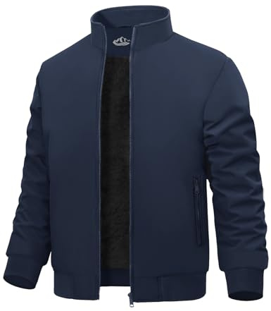 Xnova Chaqueta Bomber Hombre Invierno Impermeable Chaquetas Aviador Termica de Forro Polar Cálida Cazadora Entretiempo con Cremallera Ligero Abrigos de Cuello Alto, Azul Marino, M