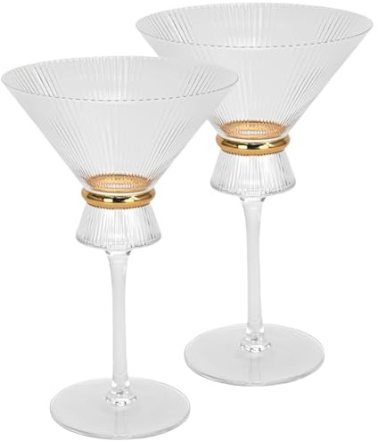 Cocktails Glasses Set of 2, Long Stem Wine Glass Set, Crystal Glass Gold Belt Striped Goblets Lead-free Wine Glassware, 8.5oz Champagne Flutes Set, For Bar, Party, Anniversary,Wedding, 8 Tall