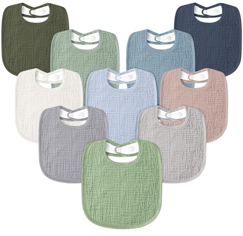 Susurration Muslin Baby Bibs 10Pack Soft Square Adjustable Baby Dribble Bandana Bibs with Adjustable Snaps for Unisex Baby Girls & Boys (Blue Green)