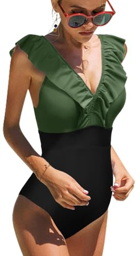 heekpek Costume da Bagno Donna Intero Vita Alta Bikini Costumi Interi Sexy Piscina Spiaggia Elegante Un Pezzo Push Up Floreale Bikini Mare, Verde Nero, L