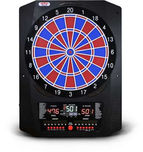 Bull’s Universum Pro L Elektronisches Softtip Dartboard – LED Beleuchtung, 45 Spiele / 474 Varianten, für bis zu 8 Spieler, inkl. Darts & Zubehör (Blau/Rot)