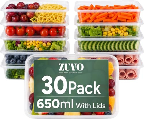 Zuvo Plastic Food Containers with Lids, Fridge Freezer, 30-Pack | Takeaway, Meal Prep & Freezer Safe, BPA-Free, Clear, Stackable, Microwave & Dishwasher Safe, 650ml