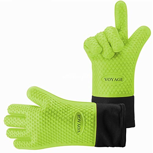 VOYAGE Premium Ofenhandschuhe (2er Set) bis zu 350 °C - Silikon Extrem Hitzebeständige Grillhandschuhe BBQ Handschuhe zum Backen, Barbecue, Extra lange Topfhandschuhe für extreme Sicherheit (Grüne)
