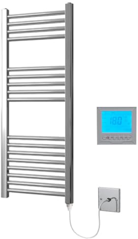 Greened House Chrome Electric Heated Towel Rail 400mm W x 1000mm H + Timer | Includes 7 Day Timer/Thermostat, Flat, Heated, Bathroom, Straight, Towel Warmer