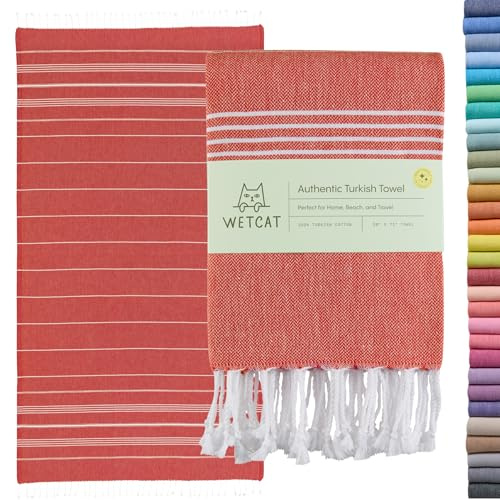 WETCAT Original Turkish Beach Towel (39x71) - Prewashed Peshtemal 100% Cotton Highly Absorbent Quick Drying and Ultra Soft Machine Washable Stylish Eco Friendly - [Red]
