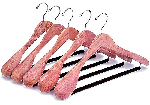 Amber Home 5 Unidades 44,5cm Perchas de Madera de Cedro Natural con Hombros Anchos, Cedro Percha para Ropa Exterior Abrigos Trajes Chaquetas con Varilla Redonda Flocada, Sin Pintar, A Prueba Moho
