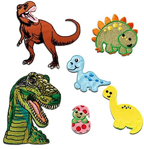 Catch the Patch Dino Aufnäher Set 6 Stück zum Aufbügeln Bügelbild für Kinder Mädchen mit Wildtier Action, Bügelpatch Patches Bügelflicken