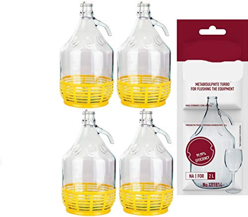 lilawelt24 4 STÜCK 5L GLASBALLON mit BÜGELVERSCHLUSS + Schwefelpulver Weinballon GÄRBALLON GLASFLASCHE Flasche Gallone Leere Glasflasche zum Befüllen
