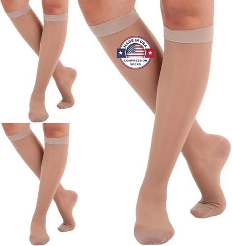 (3 Pairs - Closed Toe) Made in USA - Sheer Compression Socks for Women 15-20mmHg - Compression Stockings for Varicose Veins Circulation, Thrombosis, Embolism - Nude, Medium - A101NU2-3