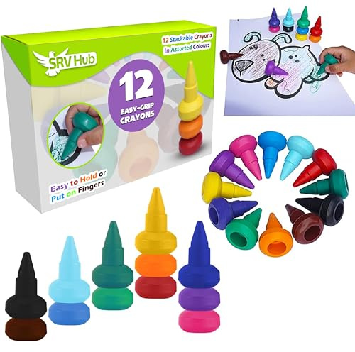 SRV Hub Crayones divertidos para colorear de fácil agarre para bebés, 12 crayones apilables en, perfectos para niños de verano, ideales para niños de 1 año, no tóxicos, multicolor, tamaño: 4,5
