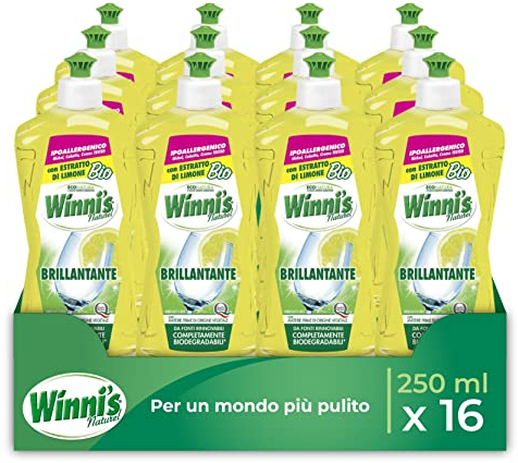 Winni's - Additivo Brillantante Lavastoviglie Ipoallergenico, con Estratto di Limone Bio, Contro Residui e Macchie, con Materie Prime di Origine Vegetale, 250 ml x 16 Confezioni