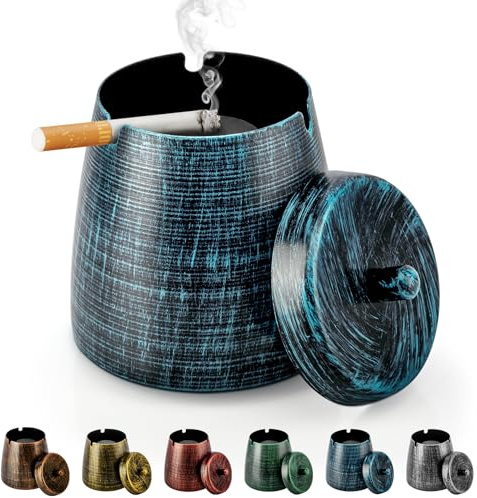 Yiiwinwy Ashtray for Cigarettes Outdoor, Outdoor Ashtray with Lid for Cigarette, Metal Odorless Windproof Smokeless AshTray for Patio Home Office Tabletop Balcony