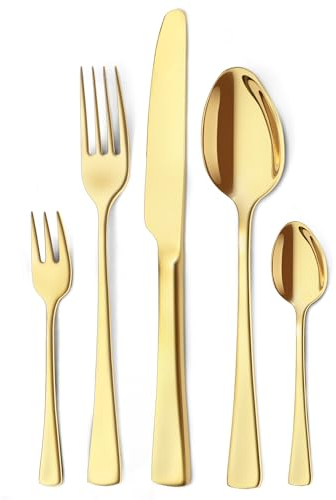 Targzier Set di posate per 12 persone, 60 pezzi, in acciaio inox, colore oro, con coltello, forchetta, cucchiaio, acciaio inox lucidato a specchio, lavabile in lavastoviglie