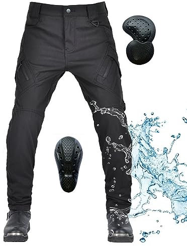 Pantalones Motocicleta Hombres, Invierno Motocicleta Anti-caída Protección Kevlar Thicken Fleece Jeans A Prueba Viento A Prueba Agua con 4 Actualización Armadura Extraíble (Black,XL)