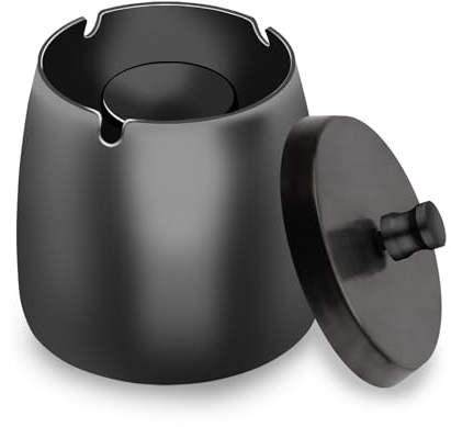 AMZSKU Cendrier avec couvercle, Cendrier en acier inoxydable pour l'extérieur, Cendrier tempête comme cendrier vent, Cendrier sur pied avec fond antidérapant pour l'extérieur et l'intérieur - Noir