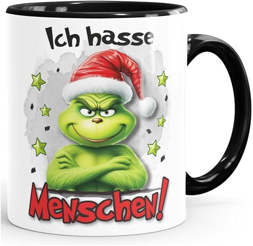 MoonWorks® Kaffee-Tasse Weihnachtsnörgler Geschenk für Weihnachtsmuffel Ich hasse Menschen Weihnachtstasse lustig Weiss-innen-schwarz standard