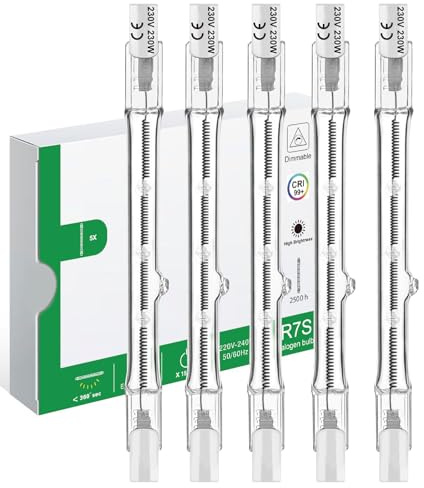 Jaenmsa R7s Halogen Light Bulbs, R7S Bulb 118mm 230W Dimmable, 230V 1500lm Tungsten Linear Light Bulb, 2700K Warm White Floodlight Bulb, J118 Security Light Bulb, ECO 118mm Halogen Bulbs 230W,5 Pack