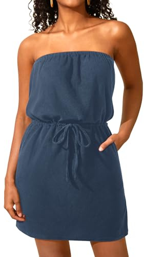Pinup Fashion Bathing Suit Cover Up Women Navy Blue Terry Cloth Bandeau Dresses S-XL
