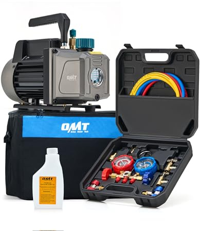 Orion Motor Tech Pompe à Vide Climatisation 186W 100 L/Min Pompe à Vide Frigoriste Kit de Recharge Climatisation Voiture avec Tuyau Jauge Adaptateurs pour Systèmes Auto HVAC R134a R12 R22 R502