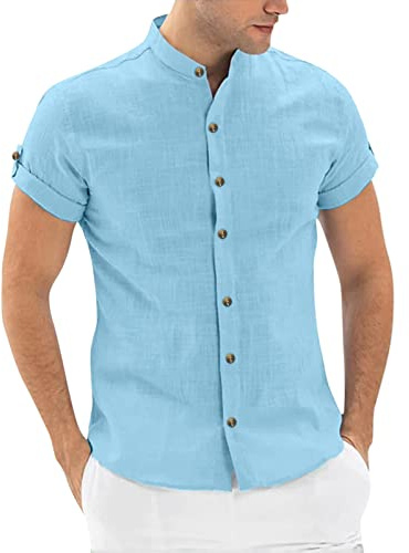 Mens Short Sleeve Grandad Collar Shirt - Mens Linen Shirts Short Sleeve, Casual Plus Size Loose Fit Shirt Mens Solid Color Casual Shirts Button Down Tops For Men Lightweight Basic T-Shirt