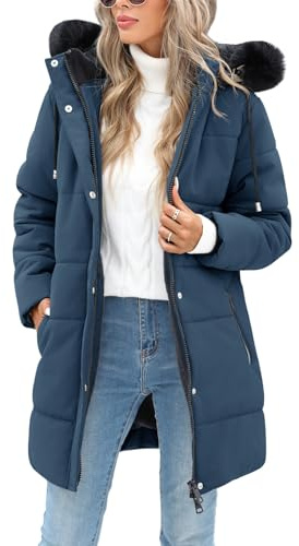 RITOSTA Piumino Donna Invernale Lungo Giacca Imbottito Giubbotto in Pile Caldo Cappotto Elegante Giubbino Parka Trapuntato Outwear Sport con Zip Tasche Cappuccio Rimovibile in Pelliccia (Navy,L)