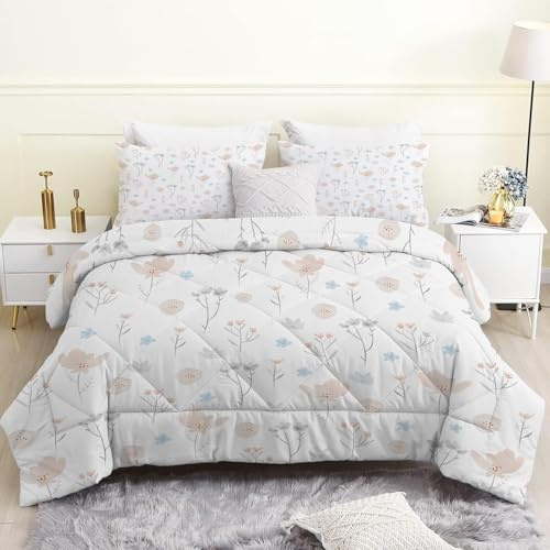 Piumino Singolo 4 Stagioni 180x220 cm, Floreale Estivo Reversibile Piumone Leggero Letto, Bianco Coperta Trapunta 180 x 220 cm in Microfibra con 2 Federe, Lavabile in Lavatric