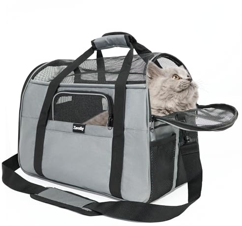Zavothy Borsa per il Trasporto del Gatto Cane, Borsa per il Trasporto Traspirante e Pieghevole, Custodia per il Trasporto del Gatto con Tracolla Regolabile, Materasso in Peluche Rimovibile, M, Grigio