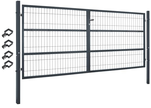 V2Aox Gartentor Tor Gartenzaun Zaun 300x140 cm Doppelflügelig Gartentür aus Metall für Stabmattenzaun Abschließbar inkl. Pfosten Grau