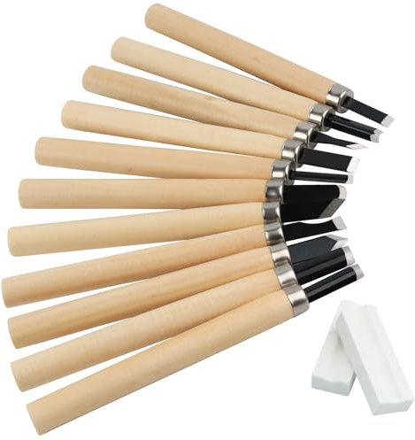 Set di 12 scalpelli per intagliare il legno di acciaio al manganese, sgorbie per coda di pesce di legno manuali, sgorbie per la lavorazione del legno con 2 pietre per affilare i principianti incisori