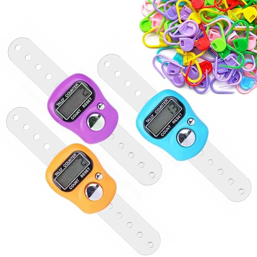 50 Pezzi Segnapunti Maglia e 3 Pezzi di Mini Contatori da Dito Elettronici, Contatore Elettronico a Cifre, Finger Counter, per Lavoro a Maglia all'Uncinetto Fai da Te segno, Viola, Arancione, Blu