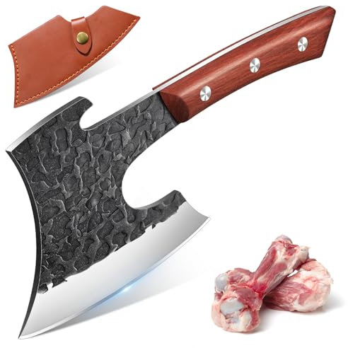 Purple Dragon Hackbeil Schwer für große Knochen und Fleisch, Full Tang Küchenbeil mit Lederscheide, Scharfes Metzgermesser aus hochwertigem Kohlenstoffstahl, Hackmesser für Knochen und Fleischerbeil