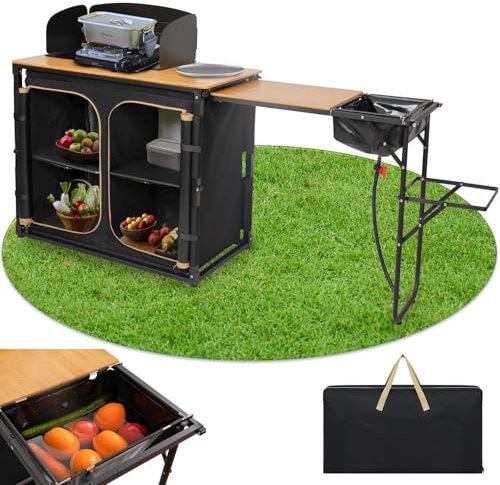 KingCamp Campingküche faltbar mit Spüle, Campingschrank Bambus,Outdoor Küche Klappbar mit Stauraum, Windschutz,Stabiler Aluminiumrahmen,Reiseküche,Camping Möbel