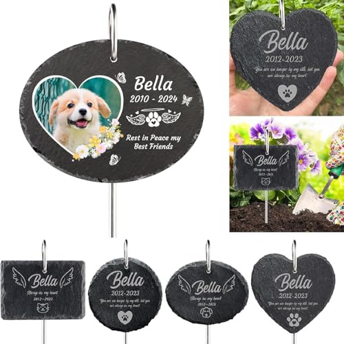 MJARTORIA Personalisiert Tiergrabstein Grabstein Hund Katze Grabplatte Grabstecker mit Gravur, Individuelles Grabschmuck Wetterfest Herz Grab Gedenkstein mit Namen Datum(Schwarz Oval mit Foto)