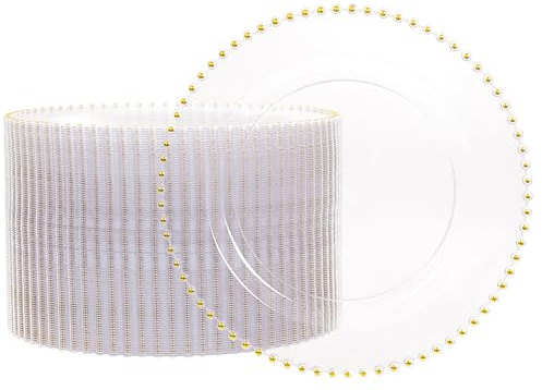 supernal 100 Pieces Clear Plastic Plates, 10 Inch Elegant Disposable Plates with Gold Rim, Heavy Duty Plastic Dinner Plates for Party, Wedding and Birthday
