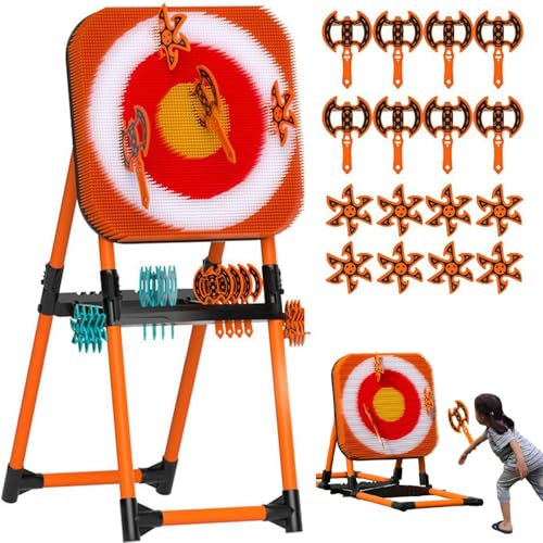 2-in-1 Axe Throwing Game Set for Backyard & Outdoor Fun - 8 Long-handled Flying Axe + 8 Six-star Dart, Axe Throw & Lawn Dart Combo Backyard Game Set for Kids Adults