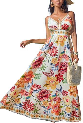 CUPSHE Women's Summer Dresses Casual Spring V Neck Sleeveless Floral Beach Vacation Long Spaghetti Strap Flowy Maxi Wedding Guest Dress Red Floral, XL
