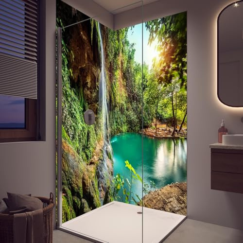 Duschrückwand Kaskade mit klarem Bach im Libanon - Wandverkleidung für Dusche aus ALU Glanz 0,3 cm - fugenlos & wasserfest - einfache Montage - Rückwand Dusche 90 x 200 cm - RUECKWAND24