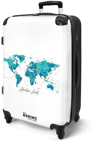 NoBoringSuitcases.com® Koffer Mittelgroß 67x43x25 cm Hartschalenkoffer L Trolley Rollkoffer 4 Rollen Leicht Hartschale 20kg Gepäck Weltkarte - Blau - Bunt