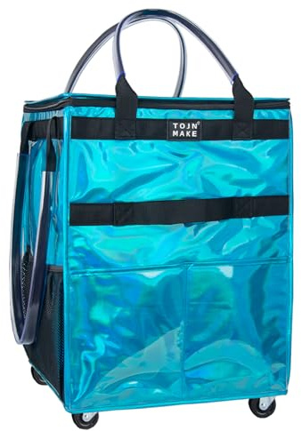 Reusable Grocery Bag On Wheels, Shopping Trolley, Rolling Tote with 8 Pockets and Zipper Cover, Foldable, Heavy Duty Handles, Carries Up to 46 LBS (Medium, Glitter Blue)